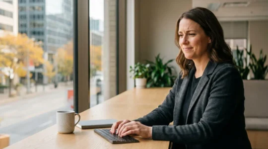 Professionnel canadien utilisant l'intelligence artificielle pour automatiser des tâches de bureau dans un environnement de travail moderne