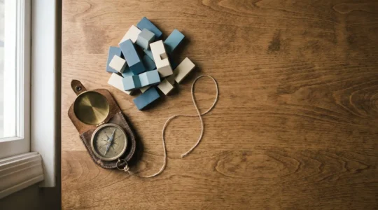 Professionnel organisant des éléments de parcours sur une surface de travail minimaliste