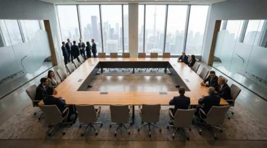Vue strategique d'un bureau moderne montrant les dynamiques de pouvoir invisible entre collaborateurs