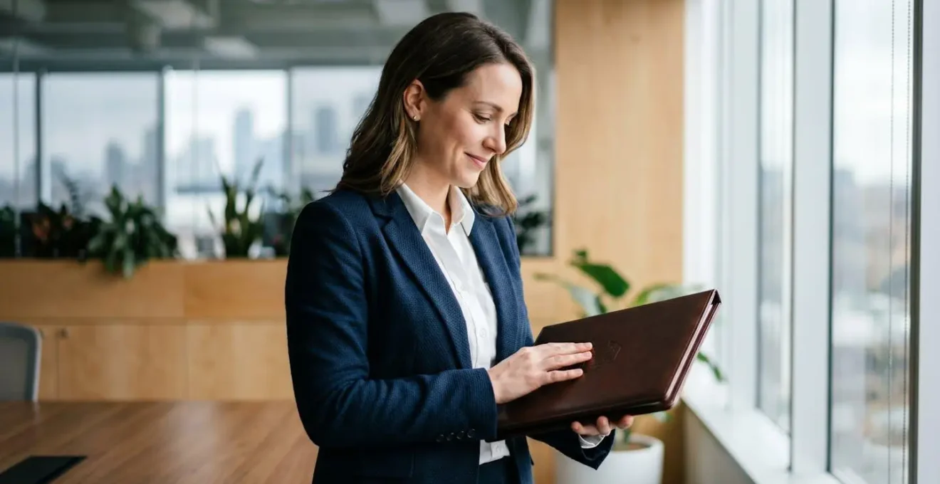Professionnel examinant des documents de certification dans un environnement de bureau moderne canadien