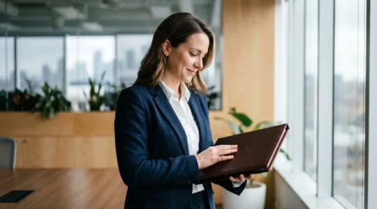 Professionnel examinant des documents de certification dans un environnement de bureau moderne canadien