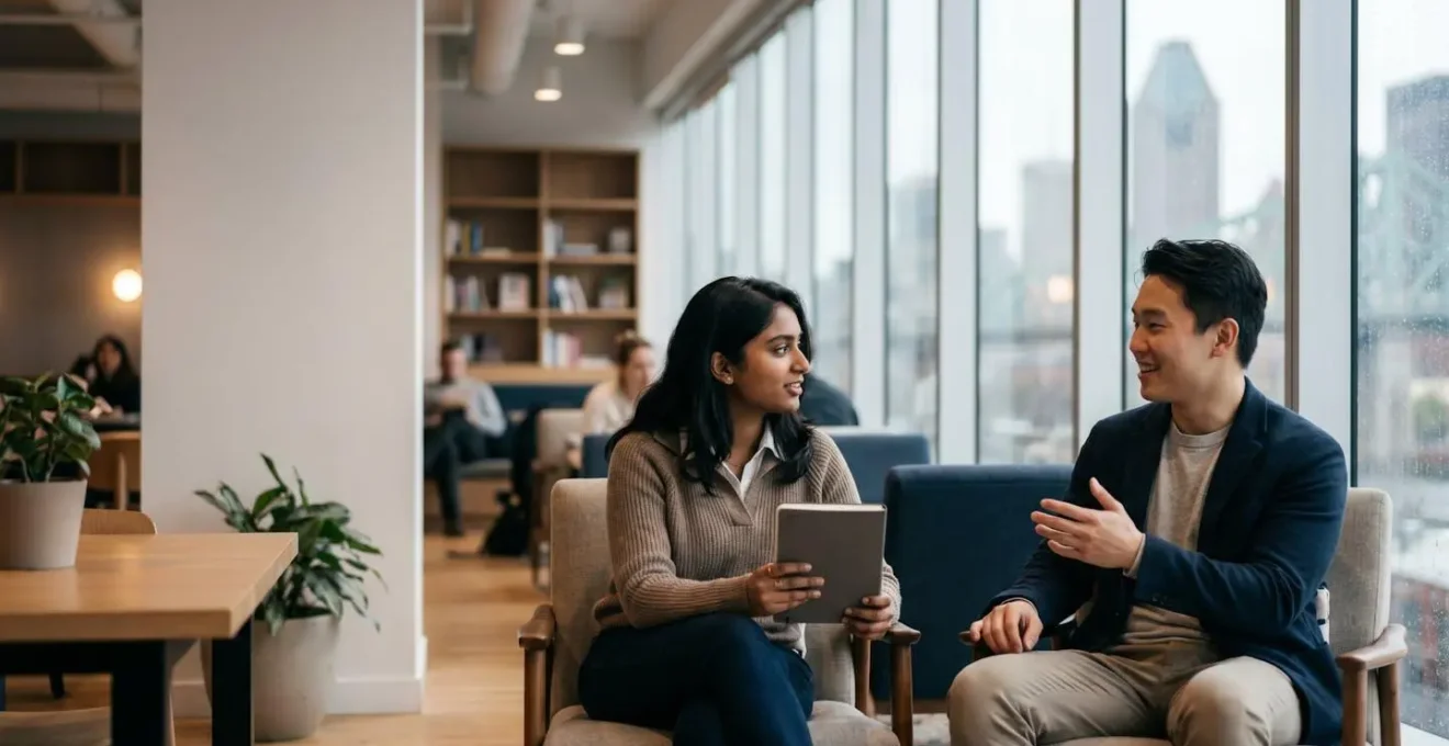 Deux jeunes professionnels canadiens en discussion dans un environnement de bureau moderne avec espace urbain en arrière-plan
