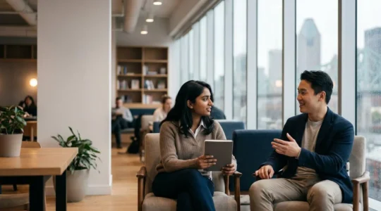 Deux jeunes professionnels canadiens en discussion dans un environnement de bureau moderne avec espace urbain en arrière-plan