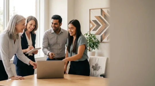 Professionnel canadien développant des compétences numériques dans un environnement de travail moderne