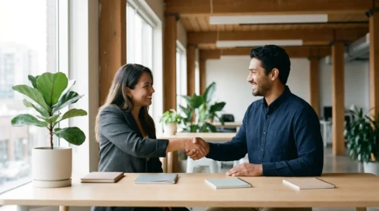 Scène professionnelle d'un bureau de startup au Canada lors d'une embauche