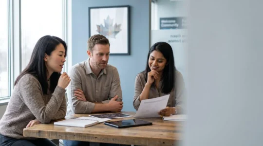Équipe multiculturelle discutant dans un environnement de bureau moderne canadien illustrant les différences de communication