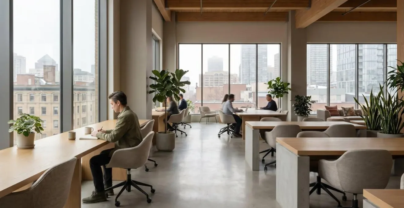 Professionnel indépendant dans un espace de travail moderne lumineux avec vue urbaine