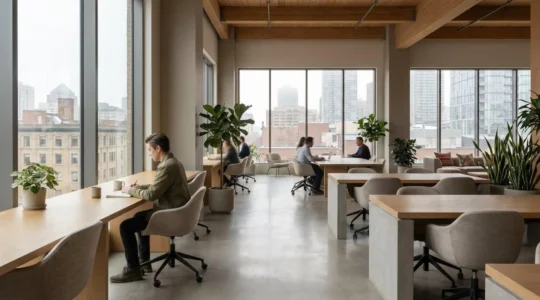 Professionnel indépendant dans un espace de travail moderne lumineux avec vue urbaine