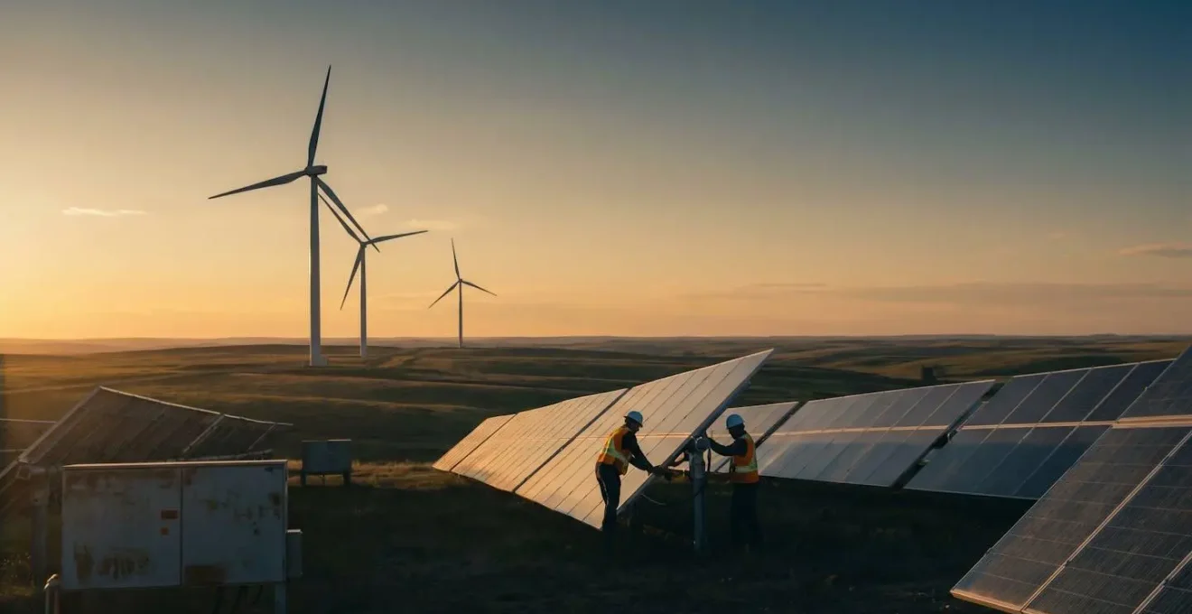 Techniciens travaillant sur des équipements d'énergie renouvelable au Canada, symbolisant l'essor des métiers de la transition énergétique