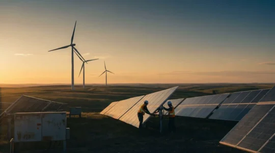 Techniciens travaillant sur des équipements d'énergie renouvelable au Canada, symbolisant l'essor des métiers de la transition énergétique