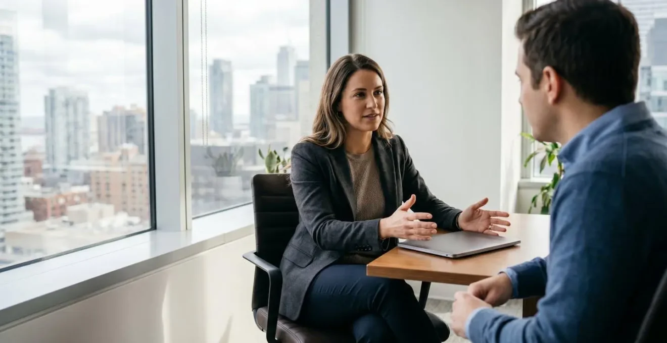 Professionnel canadien présentant des données de marché lors d'une négociation salariale stratégique