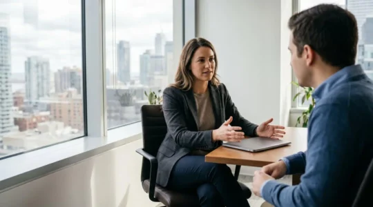 Professionnel canadien présentant des données de marché lors d'une négociation salariale stratégique