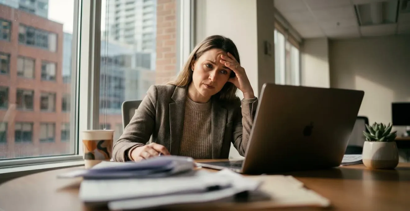 Recruiter canadien analysant des candidatures avec une expression concentrée dans un bureau lumineux