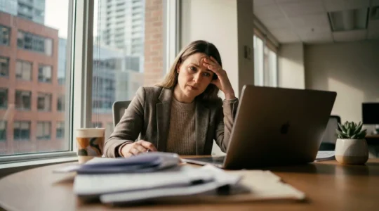 Recruiter canadien analysant des candidatures avec une expression concentrée dans un bureau lumineux