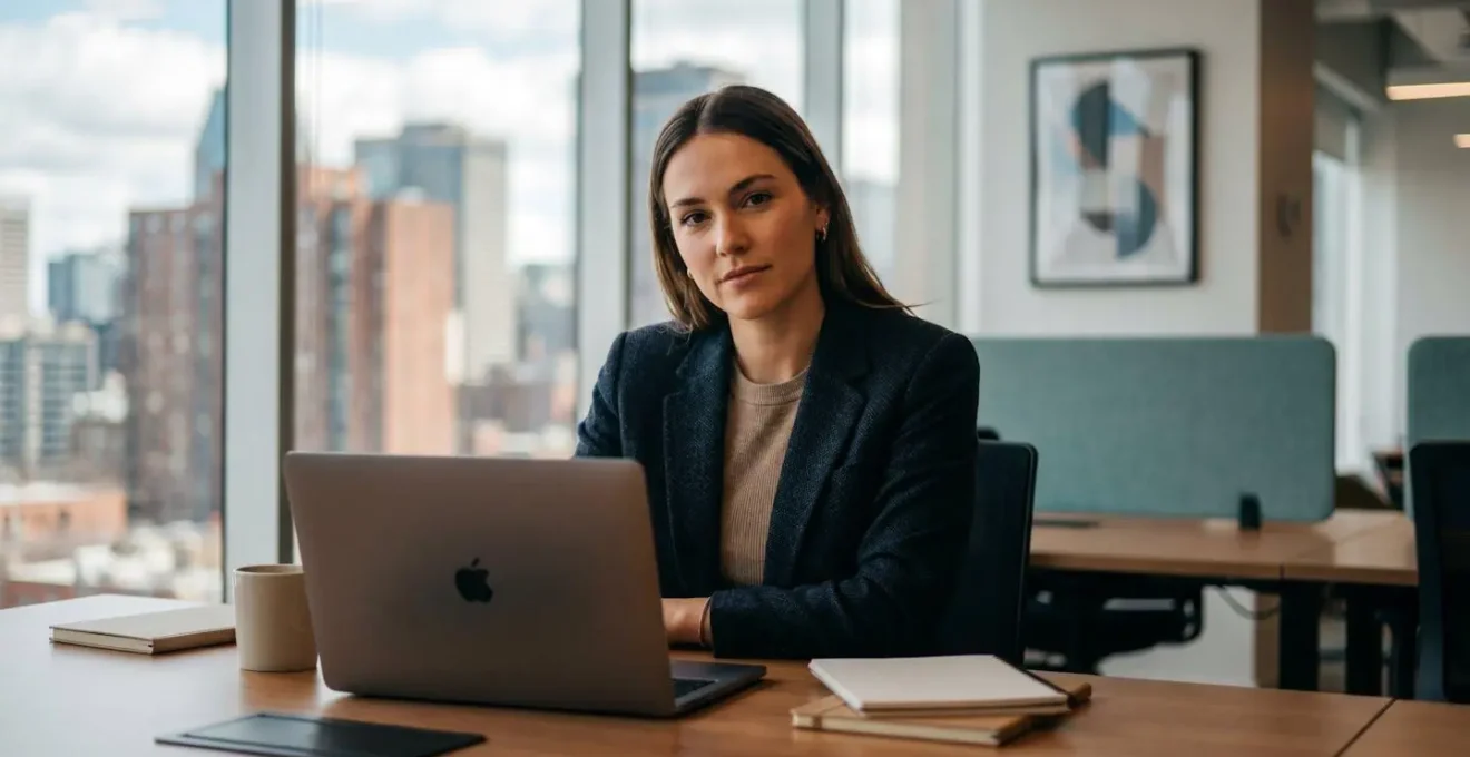 Jeune professionnel en environnement de bureau moderne canadien progressant avec confiance vers son avenir