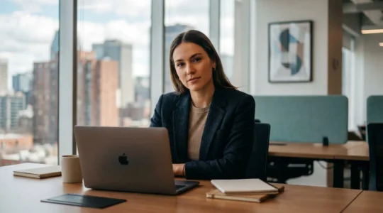 Jeune professionnel en environnement de bureau moderne canadien progressant avec confiance vers son avenir