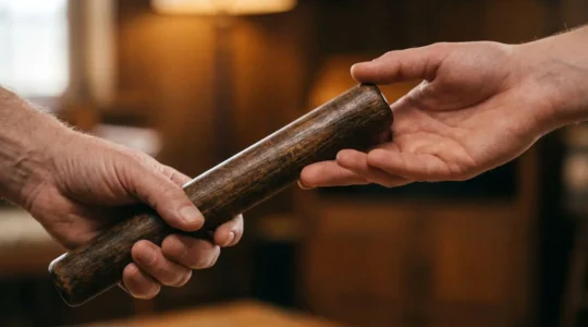 Transmission d'entreprise familiale illustrée par un geste symbolique entre générations