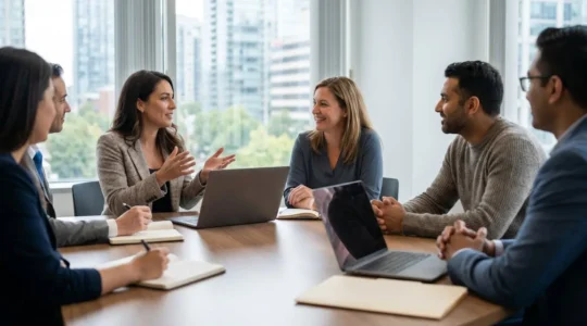 Rencontre professionnelle entre porteurs de projet social et représentants de fondation philanthropique dans un environnement canadien