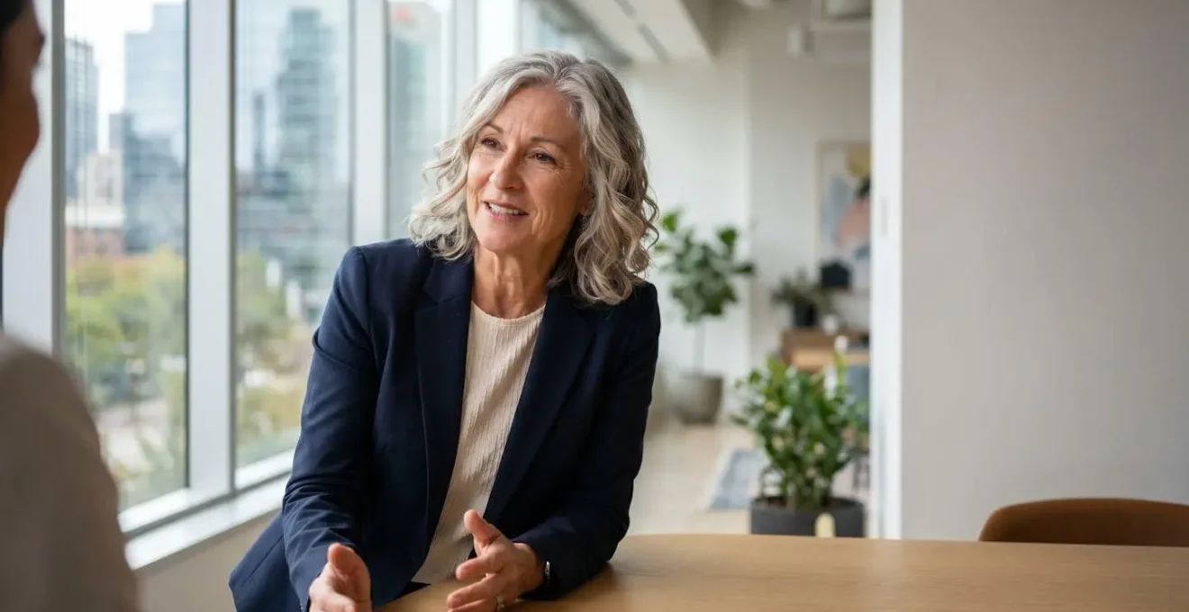 Professionnel expérimenté en entrevue d'embauche, posture confiante démontrant expertise et leadership