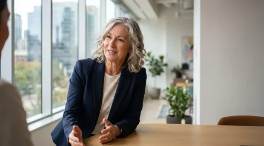 Professionnel expérimenté en entrevue d'embauche, posture confiante démontrant expertise et leadership