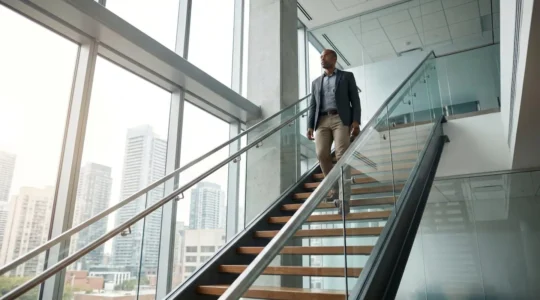 Professionnel gravissant symboliquement les échelons de carrière dans un environnement d'entreprise canadien moderne