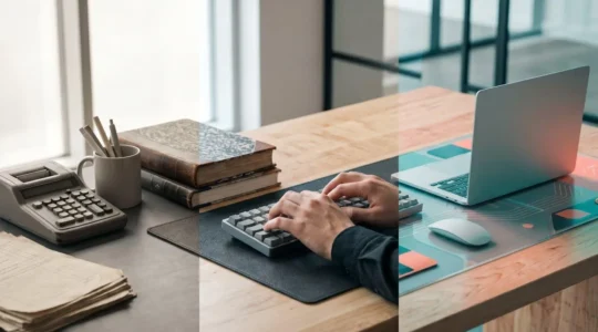 Professionnel en pleine transition de carrière, symbole de reconversion professionnelle de la comptabilité vers le développement web au Canada