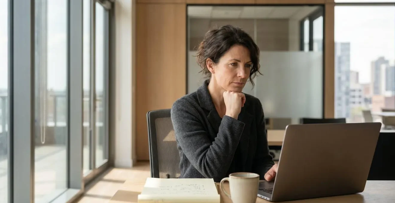Professionnel d'âge mûr contemplant une nouvelle trajectoire de carrière dans un environnement de bureau lumineux
