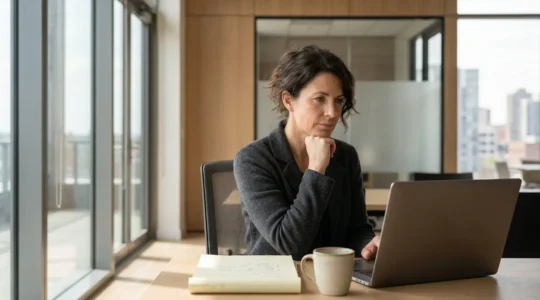 Professionnel d'âge mûr contemplant une nouvelle trajectoire de carrière dans un environnement de bureau lumineux