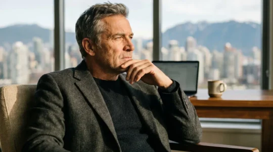 Professionnel senior canadien réfléchissant à son parcours de carrière dans un environnement contemporain