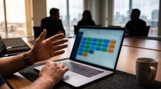 Scène de réunion d'équipe hybride montrant la tension entre participants au bureau et à distance dans un environnement de travail canadien moderne