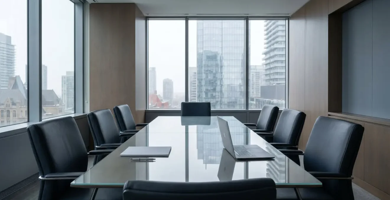 Vue grand angle d'un espace de travail analytique moderne où se côtoient données et stratégie d'entreprise