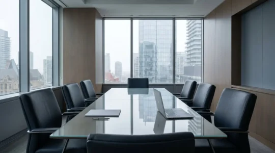 Vue grand angle d'un espace de travail analytique moderne où se côtoient données et stratégie d'entreprise