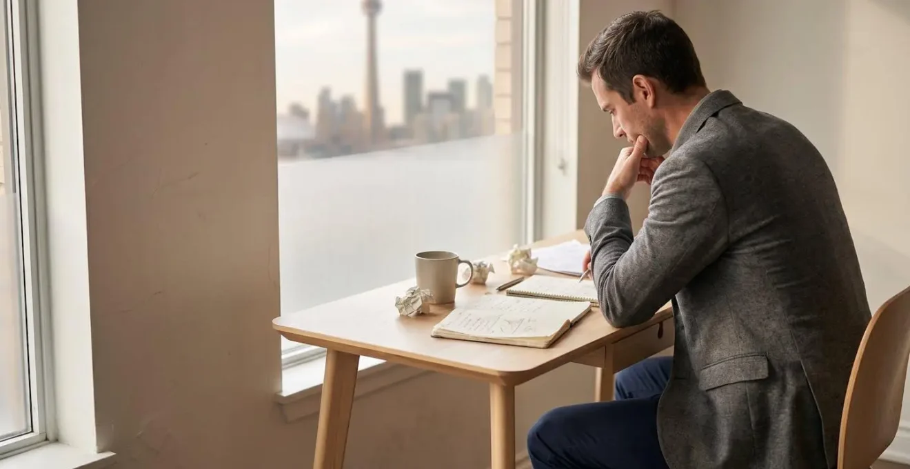 Entrepreneur réfléchissant à son projet de startup dans un espace de coworking moderne canadien