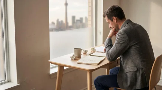 Entrepreneur réfléchissant à son projet de startup dans un espace de coworking moderne canadien